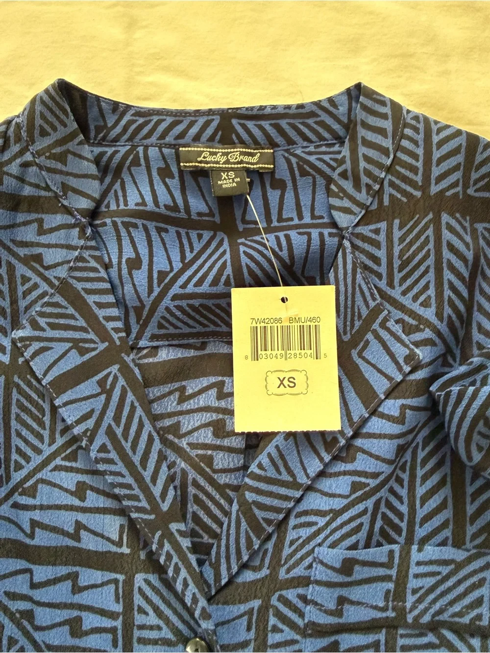 Lucky Brand Blue & Black Geometric Shirt Dress XS Tie Waist Long Sleeve Pockets - Picture 5 of 7